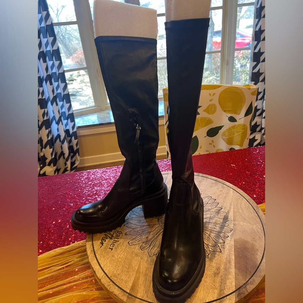 Zara moto knee high chunky heeled black boots 39